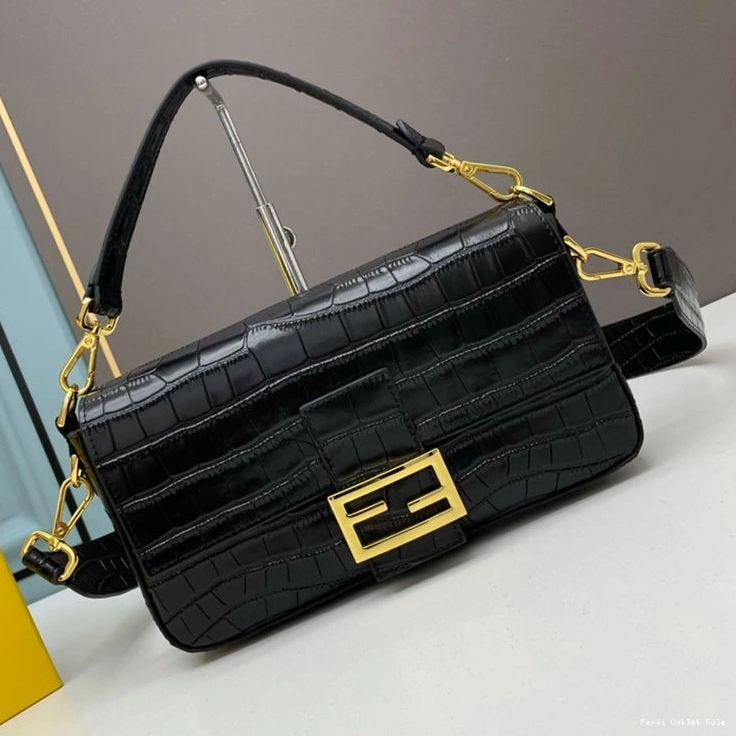 Cheap Bag Fendi Baguette In Medium Black Leather Crocodile 0726
